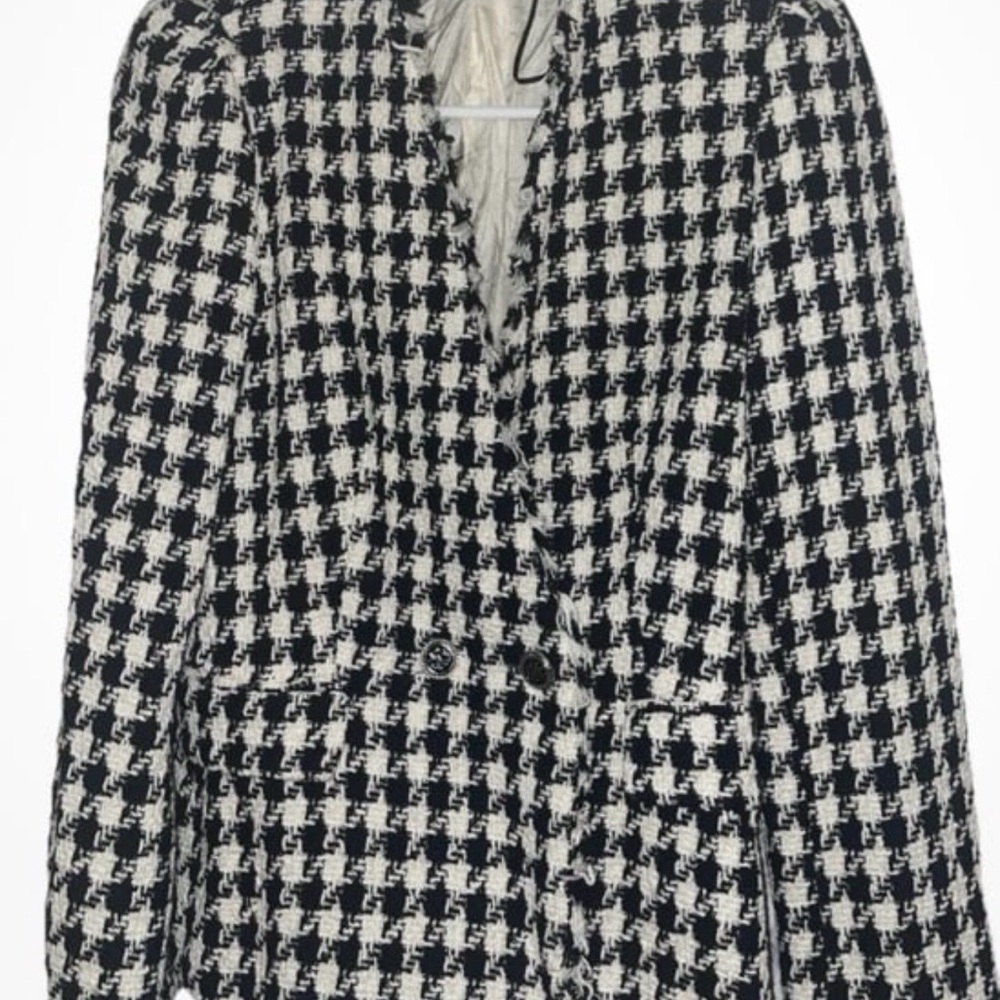 ZARA Black White Tweed Houndstooth Fringe Trim Blazer Jacket Size Small